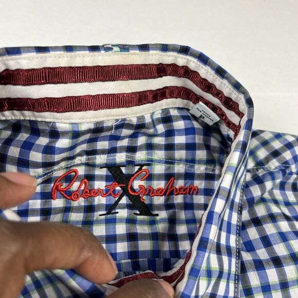 Robert Graham Mens Button Down Shirt Plaid Contrast Trim Short Sleeve SMALL FLAW - Picture 4 of 13